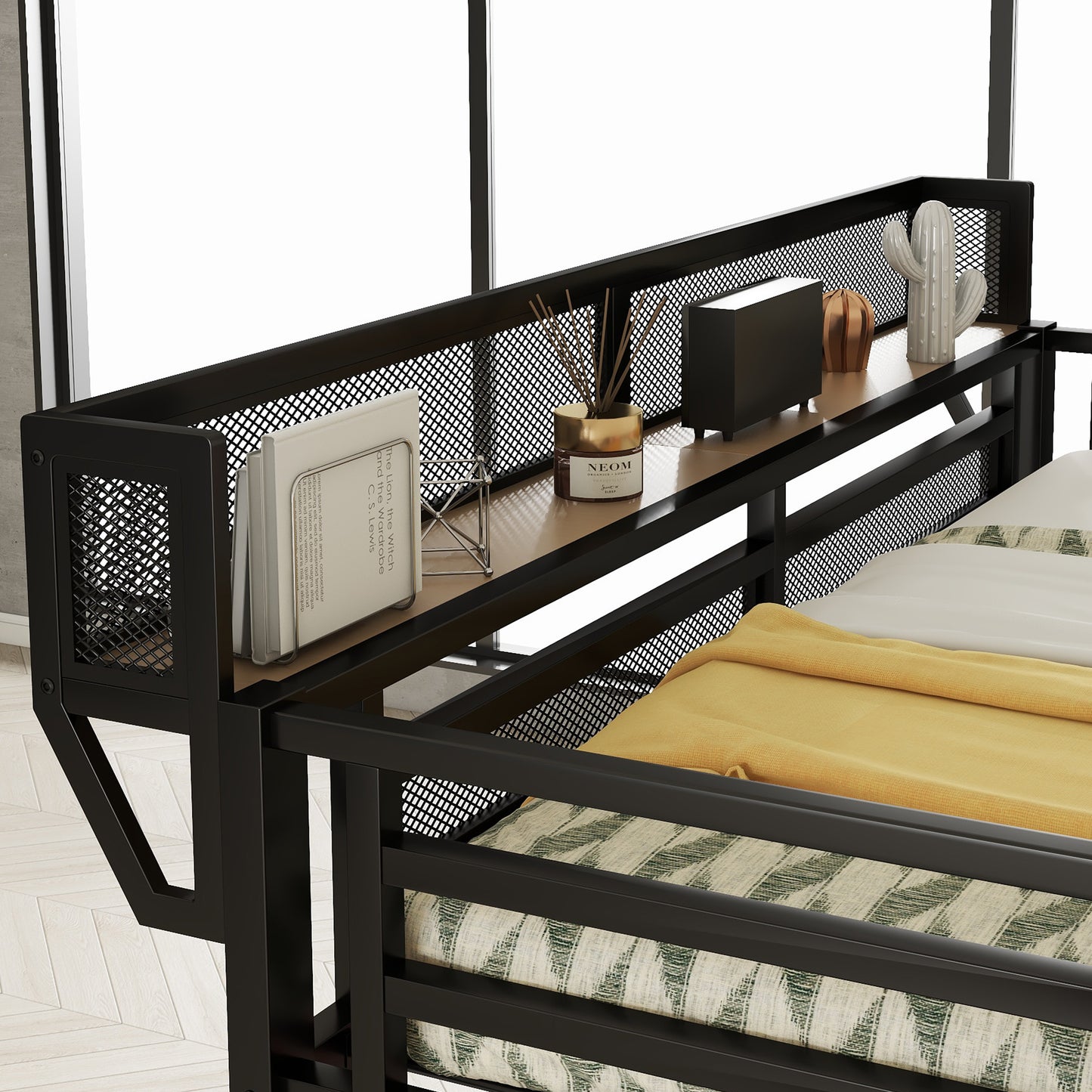 Full Loft Bed with Desk and Charging Station, Full Size Metal Loft Bed with Stairs and Light for Kids Teens, Black, Patent Products image 6