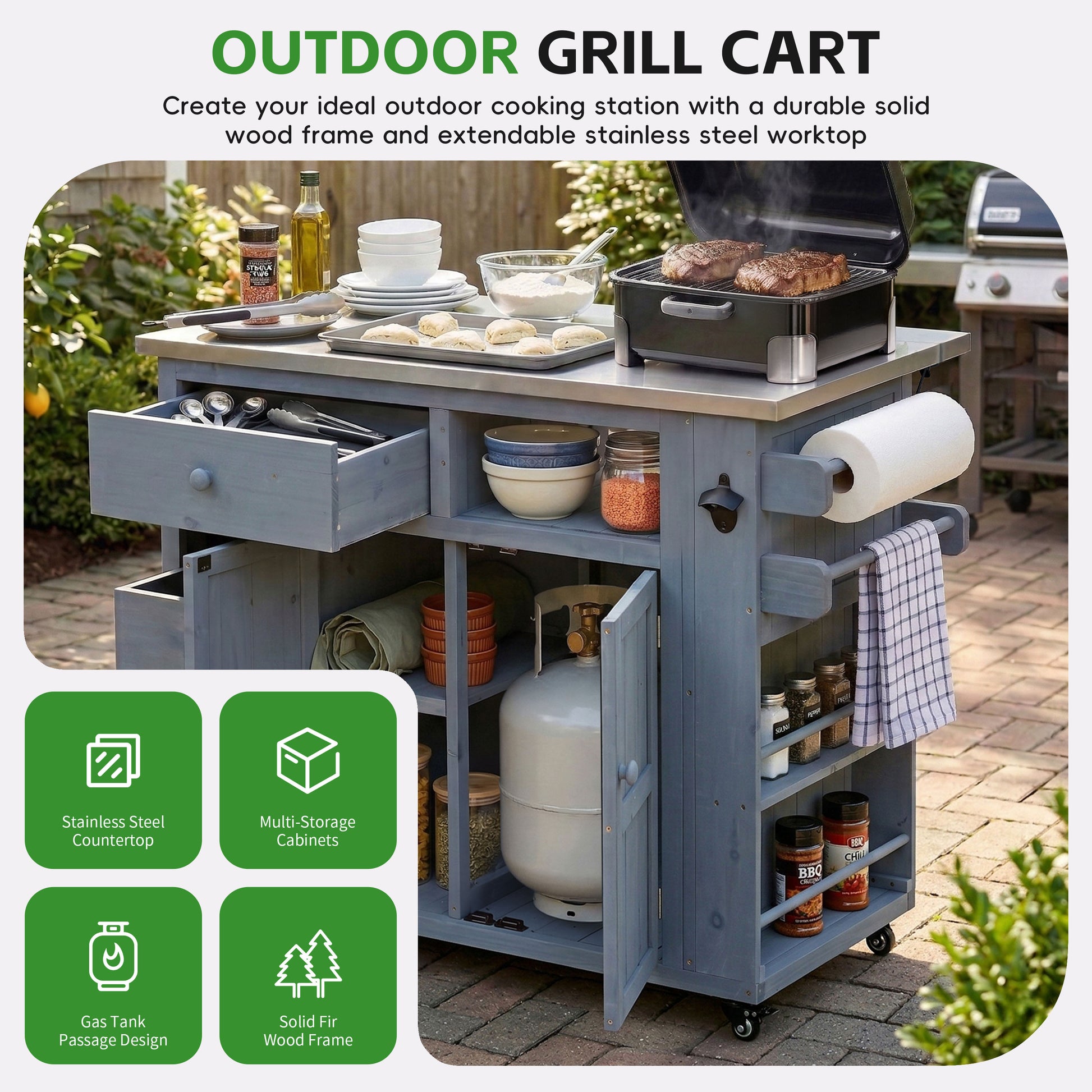 TOPMAX Outdoor Solid Wood Extendable 19.3''/28'' Kitchen Island, Stainless Steel Top Grill Table with Side Spice Rack, Kitchen Cart with Drawers, Storage Cabinet for Backyard, BBQ,Party, Gray image 7