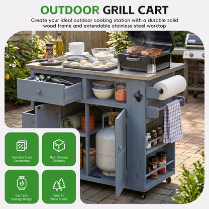 TOPMAX Outdoor Solid Wood Extendable 19.3''/28'' Kitchen Island, Stainless Steel Top Grill Table with Side Spice Rack, Kitchen Cart with Drawers, Storage Cabinet for Backyard, BBQ,Party, Gray image 7