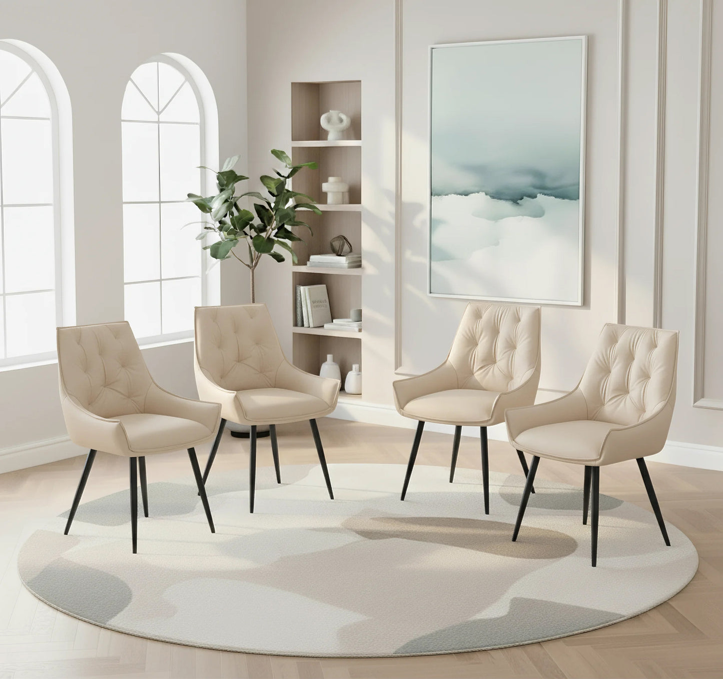 Dining Chairs Set of 2, Off White Faux Leather Dining Room Chair, Metal Kitchen Chairs with Gold Mesh Texture and Black Sanded Legs, Flat Back Upholstered Chair (Off White, Set of 2) image 2