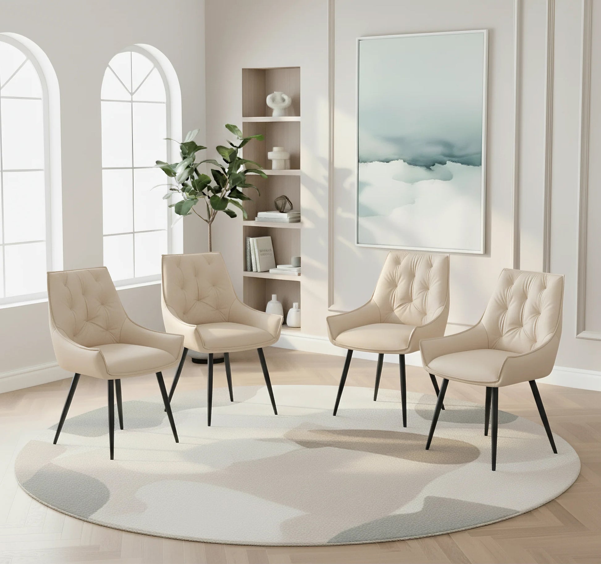 Dining Chairs Set of 2, Off White Faux Leather Dining Room Chair, Metal Kitchen Chairs with Gold Mesh Texture and Black Sanded Legs, Flat Back Upholstered Chair (Off White, Set of 2) image 2