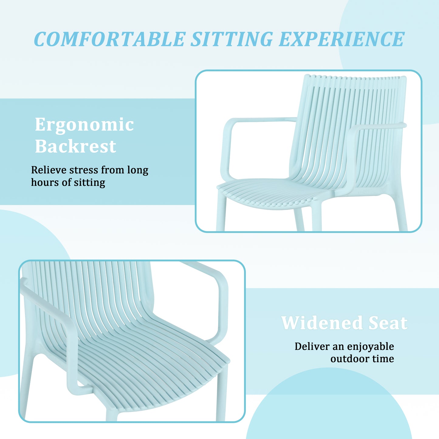 Summer - 4pcs Light Blue Stackable PP Armchair for Indoor/Outdoor Use – Ergonomic Slatted Back with 36 Inch Indoor/Outdoor Modern White Round PP Table image 8