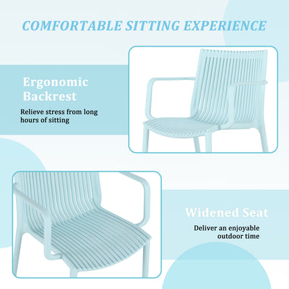 Summer - 4pcs Light Blue Stackable PP Armchair for Indoor/Outdoor Use – Ergonomic Slatted Back with 36 Inch Indoor/Outdoor Modern White Round PP Table image 8
