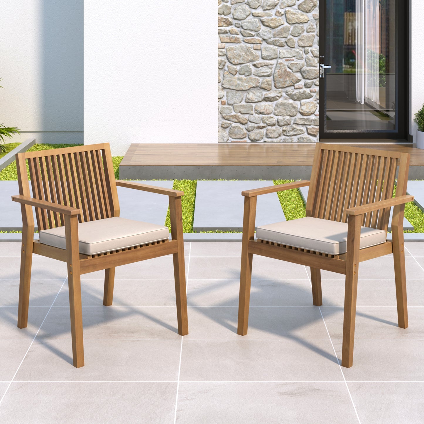 Patio Dining Chair Set of 2 - Sturdy Acacia Wood, Comfortable Waterproof Seating, 400 lbs Capacity, Brown Color Frame image 1