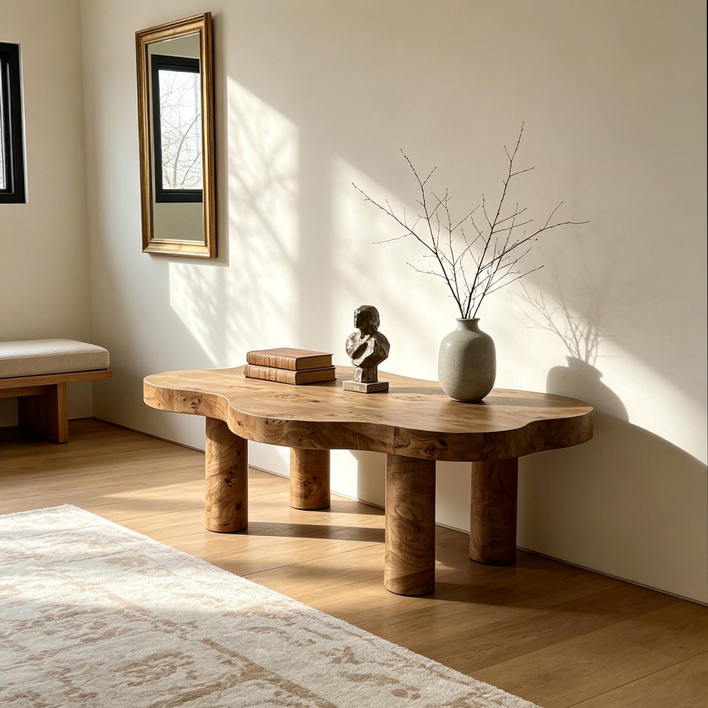 40'' Burl Cloud Coffee Table with 4 Round Legs, Low Profile Modern Coffee Table, Unique Irregular Center Table for Living Room, Apartment, Natural Color image 2
