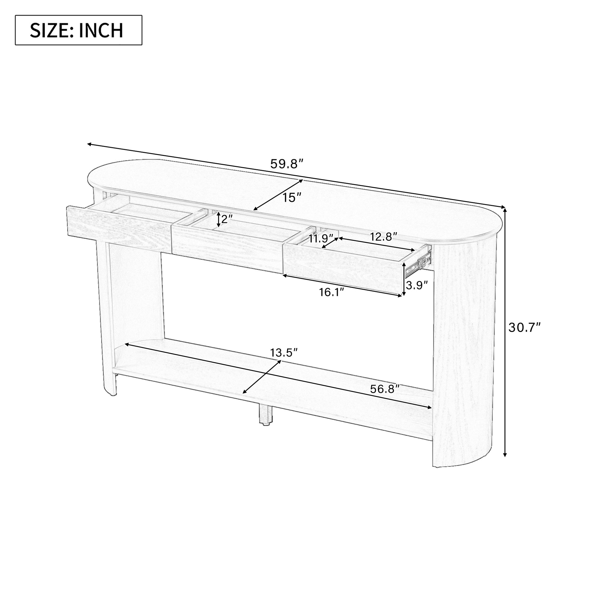 U_Style 59.8'' Modern Oak Veneer Console Table with 3 Drawers,Farmhouse Entryway Table with Shelf,Wood Sofa Table with Semi-Circular Design, Suitable for Living Room,Hallway,Entryway, Foyer, Corridor image 9