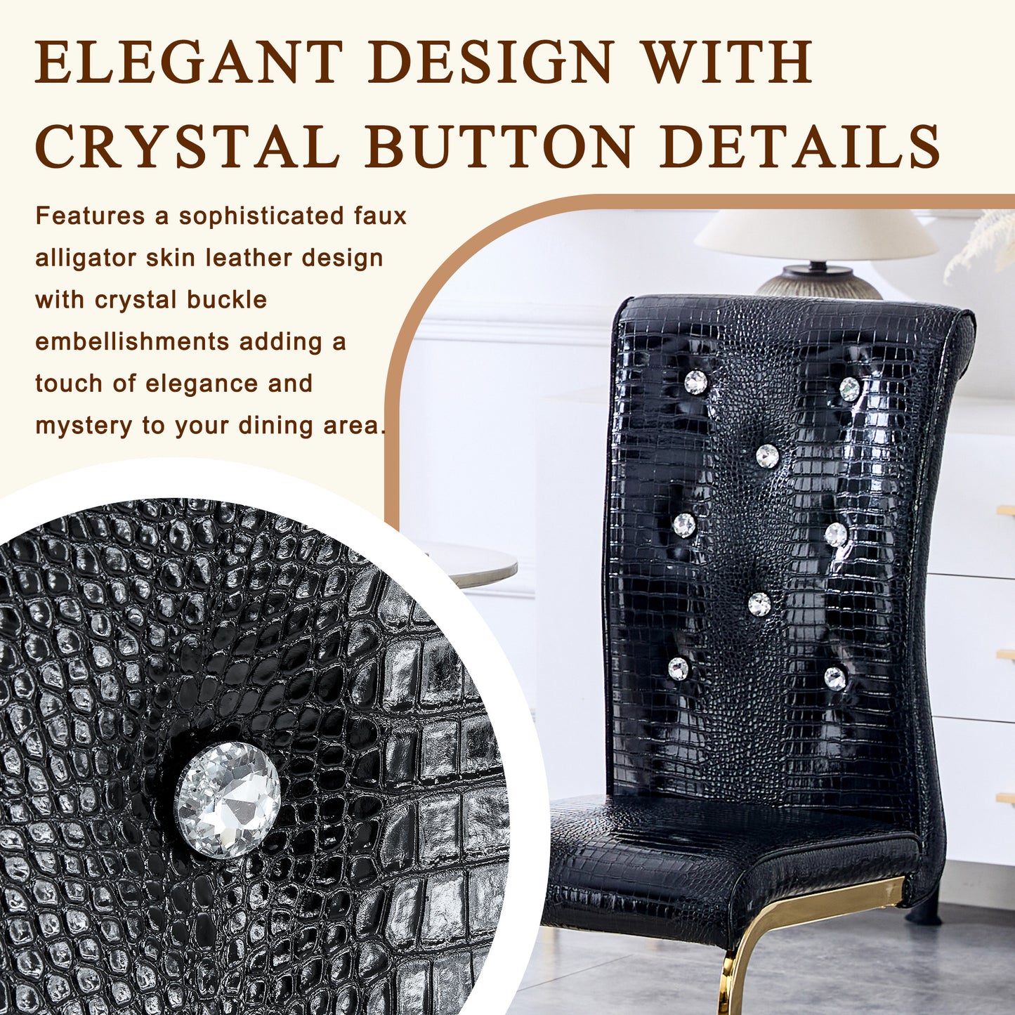 Set of 4,Retro alligator skin Upholstered dining chairs,with Crystal buckle design and Faux Leather design,a touch of elegance and mystery to the dining area,Gold plated metal bow leg image 9