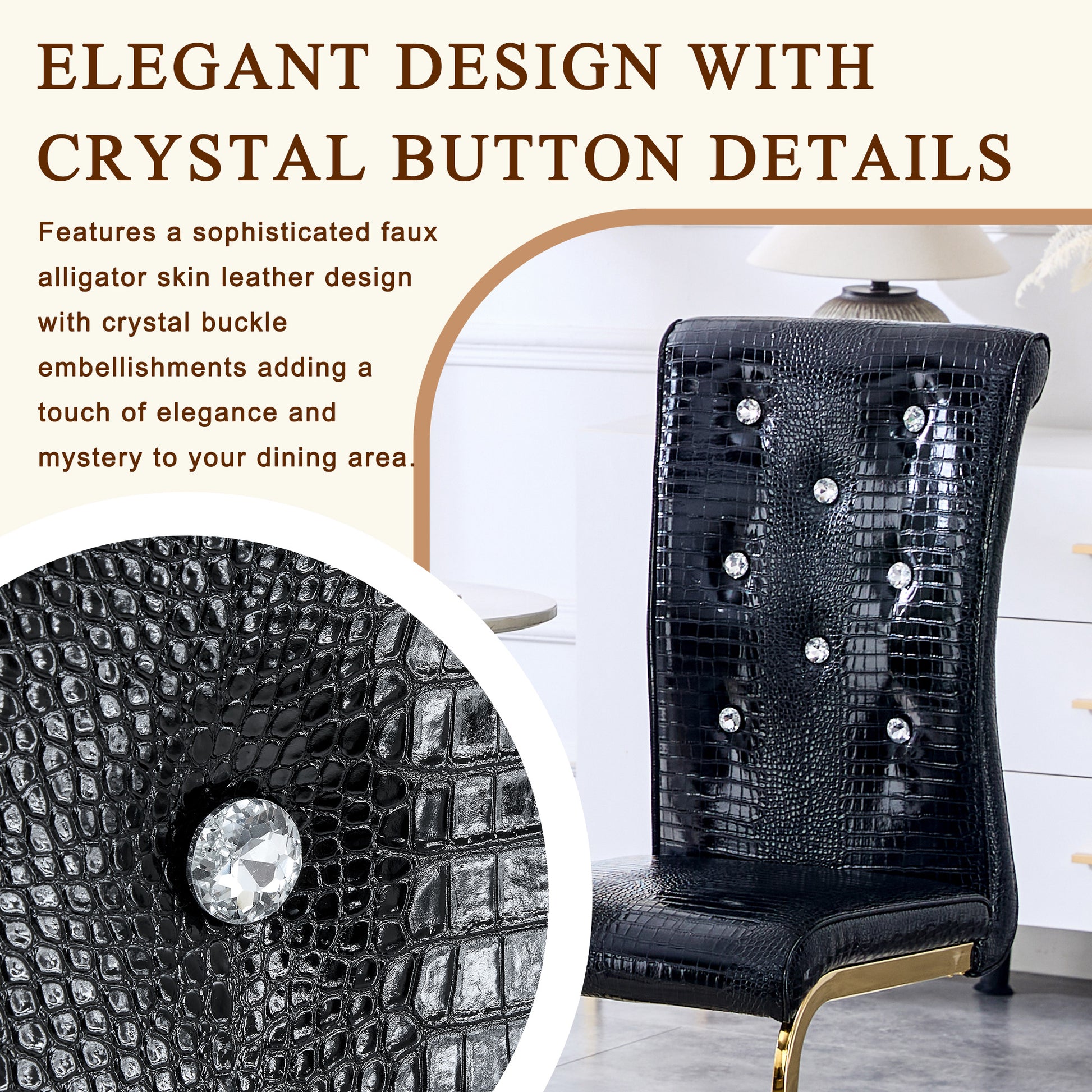 Set of 4,Retro alligator skin Upholstered dining chairs,with Crystal buckle design and Faux Leather design,a touch of elegance and mystery to the dining area,Gold plated metal bow leg image 9