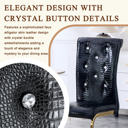 Set of 4,Retro alligator skin Upholstered dining chairs,with Crystal buckle design and Faux Leather design,a touch of elegance and mystery to the dining area,Gold plated metal bow leg image 9