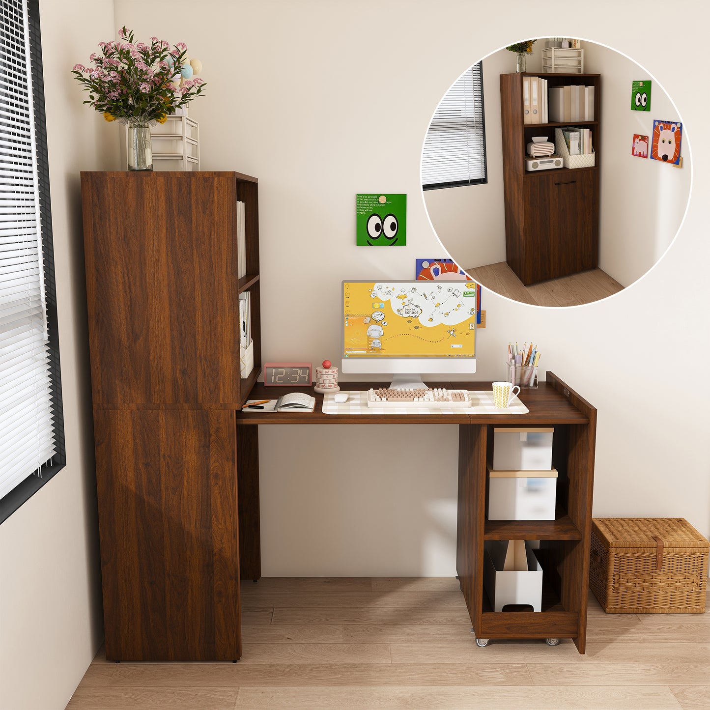 Stretchable desk, office desk with storage shelves and mobile wheels, foldable desk suitable for small apartments and offices,walnut image 1