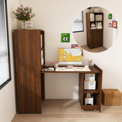 Stretchable desk, office desk with storage shelves and mobile wheels, foldable desk suitable for small apartments and offices,walnut image 1