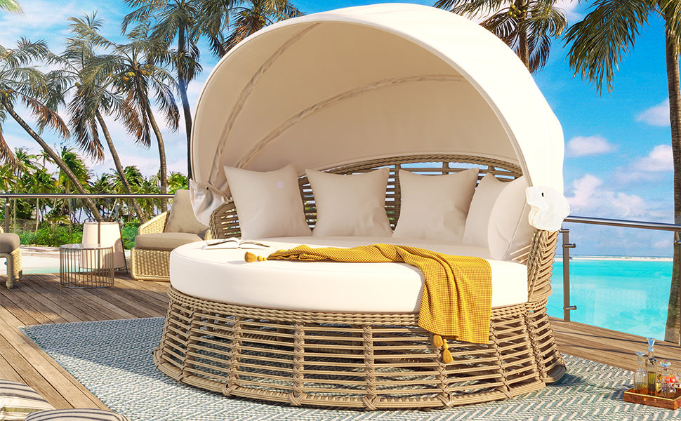 <Old SKU: N704G201243A> Outdoor Patio Rattan Round Daybed with Retractable Canopy, Wicker Furniture Round Poolside Sofa Sunbed with Removable Cushions, Backyard, Porch, Beige image 7