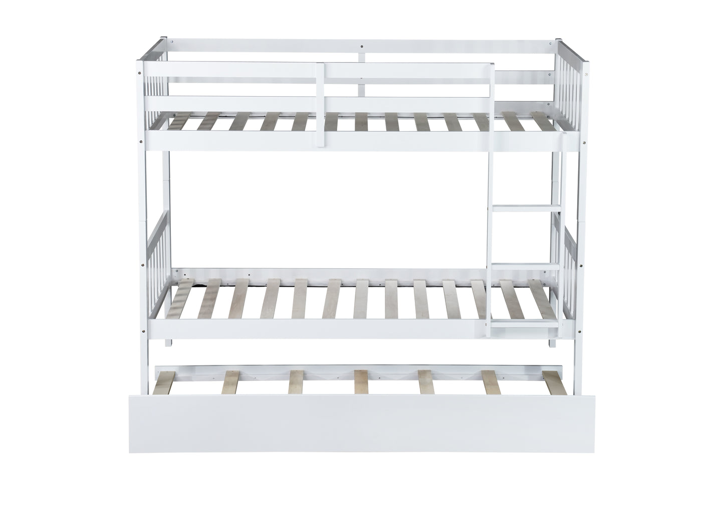 Twin Over Twin Rubber Wood Bunk Bed with Trundle, Convertible into Twin Size Beds, Twin Size Bunk Bed with Ladder and Safety Guardrails, White image 10