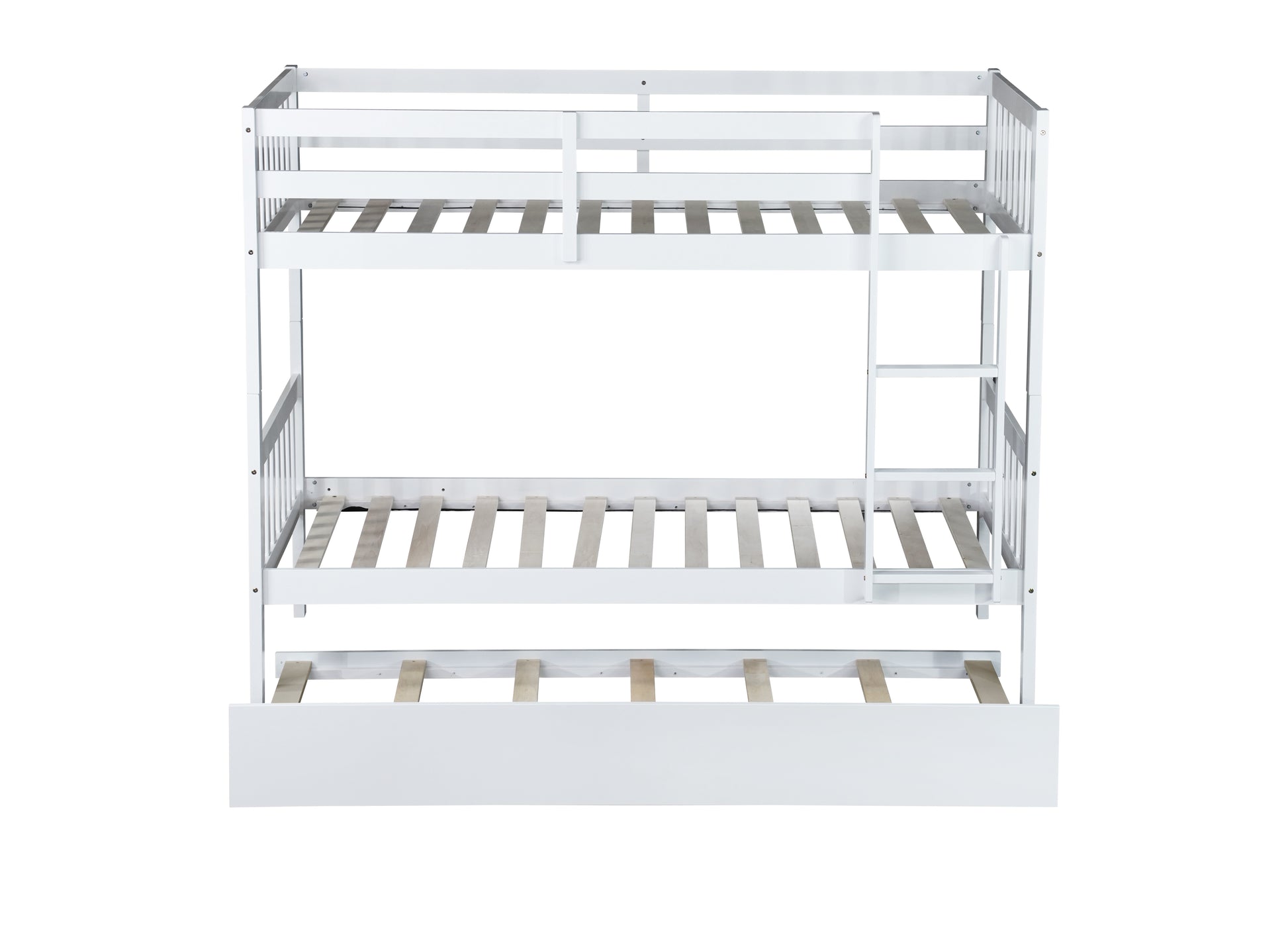 Twin Over Twin Rubber Wood Bunk Bed with Trundle, Convertible into Twin Size Beds, Twin Size Bunk Bed with Ladder and Safety Guardrails, White image 10