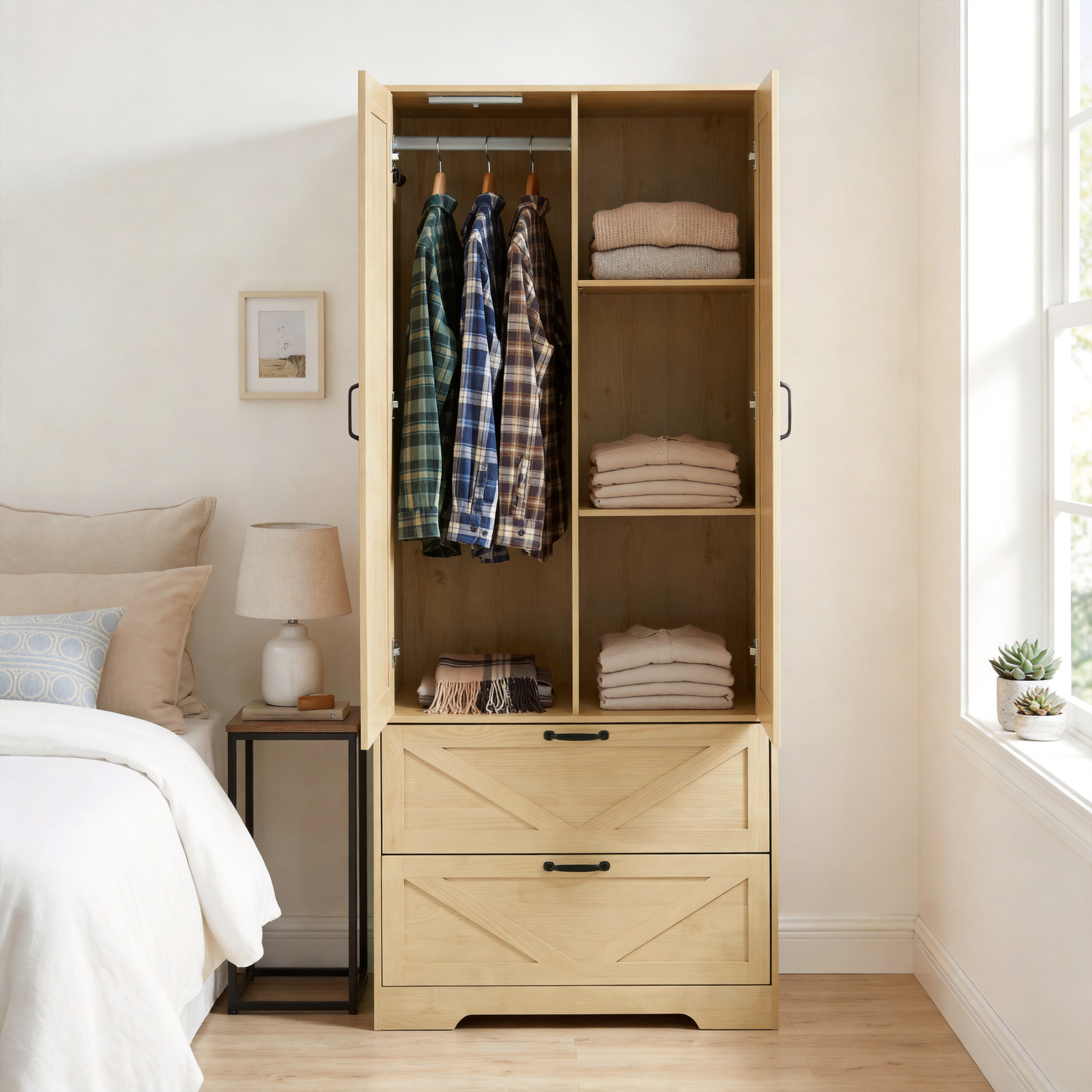 2 Door Wood Wardrobe for Bedroom with Hanging Clothing Rod inside the Cabinet and 2 Drawers for Storage Organization, Built-in induction light Multifunctional Closet with Mirror, Natural image 4