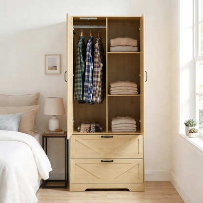 2 Door Wood Wardrobe for Bedroom with Hanging Clothing Rod inside the Cabinet and 2 Drawers for Storage Organization, Built-in induction light Multifunctional Closet with Mirror, Natural image 4