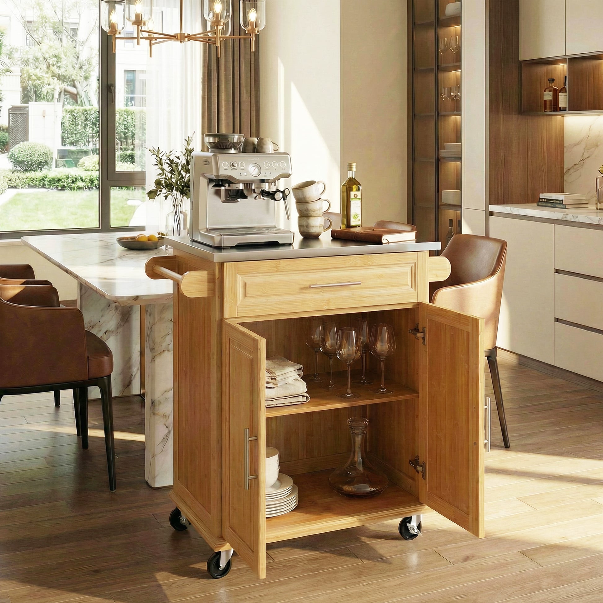 Indoor Compact Bamboo Rolling Kitchen Cart with Stainless Steel Top – Mobile Storage Island with Drawer & Cabinet for Small Spaces image 2