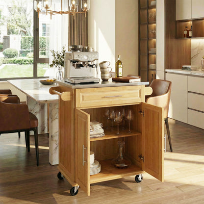 Indoor Compact Bamboo Rolling Kitchen Cart with Stainless Steel Top – Mobile Storage Island with Drawer & Cabinet for Small Spaces image 2