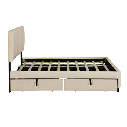 Queen Size Velvet Upholstered Platform Bed with 2 Drawers and 1 Twin XL Trundle- Beige image 6