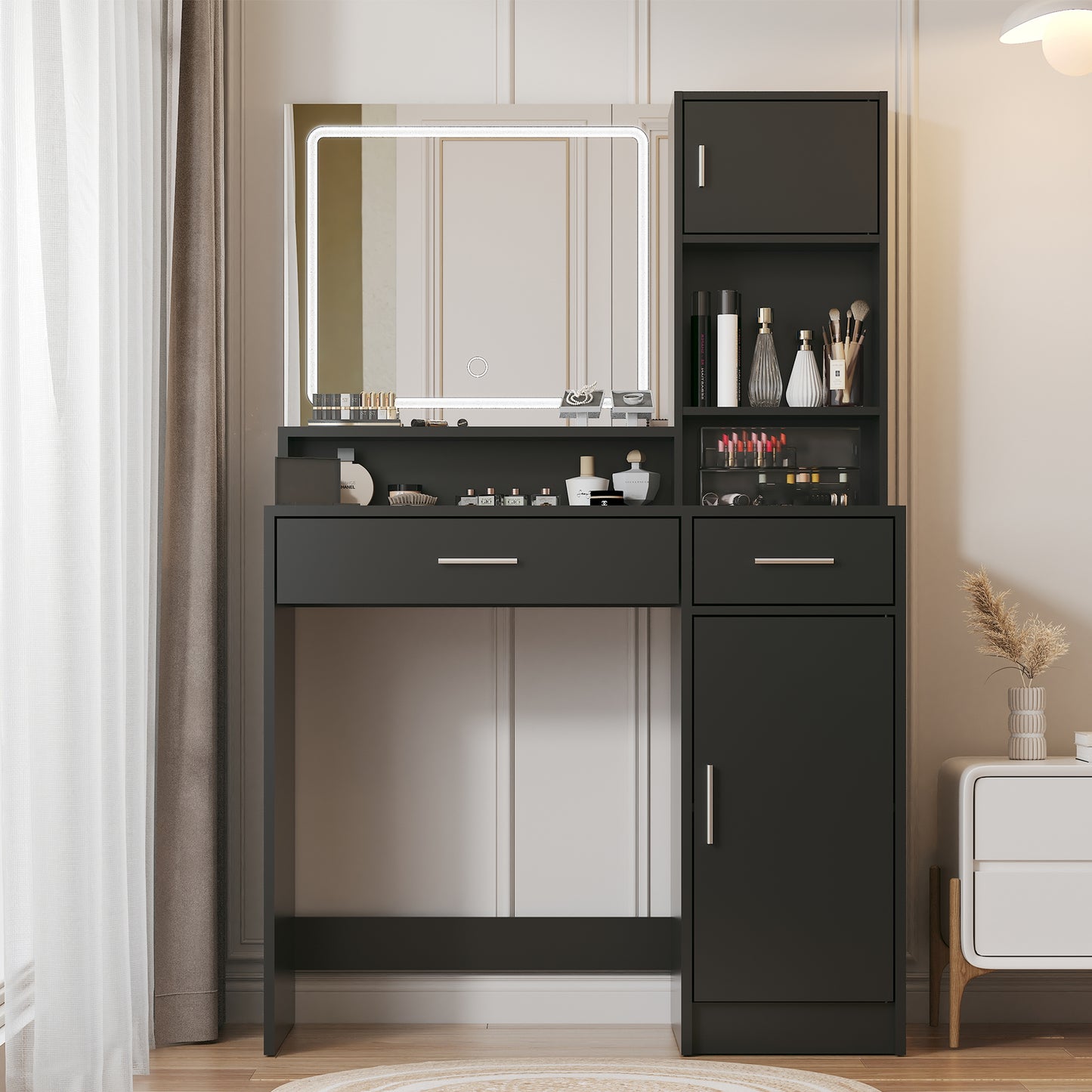 Vanity Desk with Mirror and LED Light Strip,Dressing Table with Large Drawer, 3 Level Storage Dresser & 3 Lighting Modes Adjustable Brightness, Suitable for Bedroom(Black) image 2