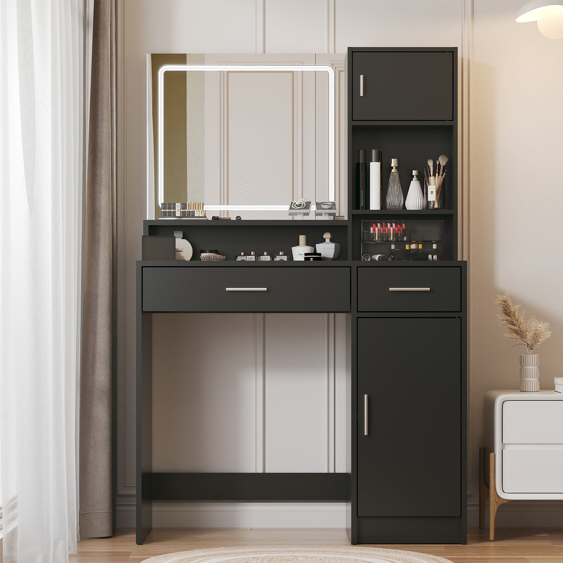 Vanity Desk with Mirror and LED Light Strip,Dressing Table with Large Drawer, 3 Level Storage Dresser & 3 Lighting Modes Adjustable Brightness, Suitable for Bedroom(Black) image 2