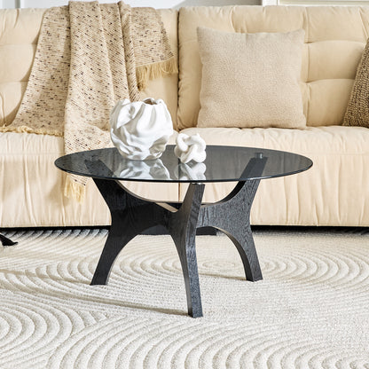 31.5" Glass Coffee Table, Mid-Century Modern Style, Ideal as a Centerpiece for Living Rooms, Bedrooms, Reception Areas, and Offices (Black Wood Grain) image 3