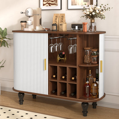 39" Fluted Liquor & Coffee Bar Cabinet with 6 Wine Racks and 3 Glass Holders, Mid-Century Modern Bar Cabinet with A Large Storage Drawer,4 Hidden Storage Space on the Side, White image 10