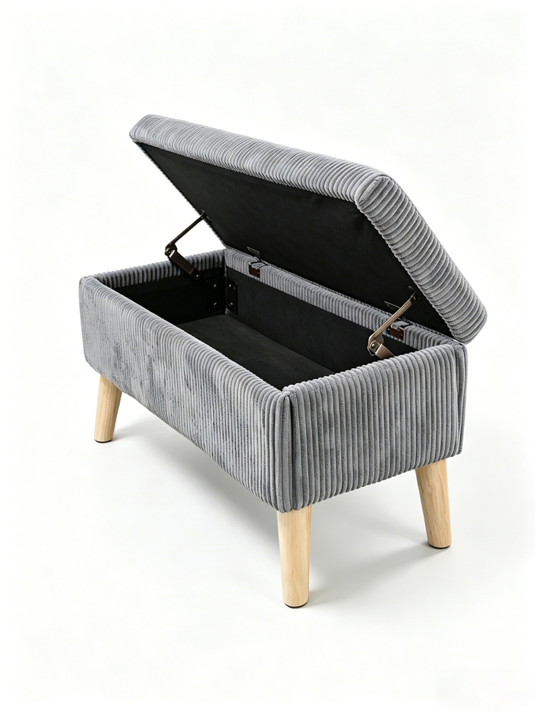 32 inch Wide Olive Grey Corduroy Storage Ottoman Bench with Wooden Legs, Flip-Top Storage Box, Soft Upholstered End of Bed Bench, Footrest & Shoe Bench for Bedroom, Living Room, Entryway image 10