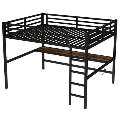 Metal Queen Size Loft Bed with Power Outlet and LED Lighted, Space-Saving, Noise Reduced, Black image 7