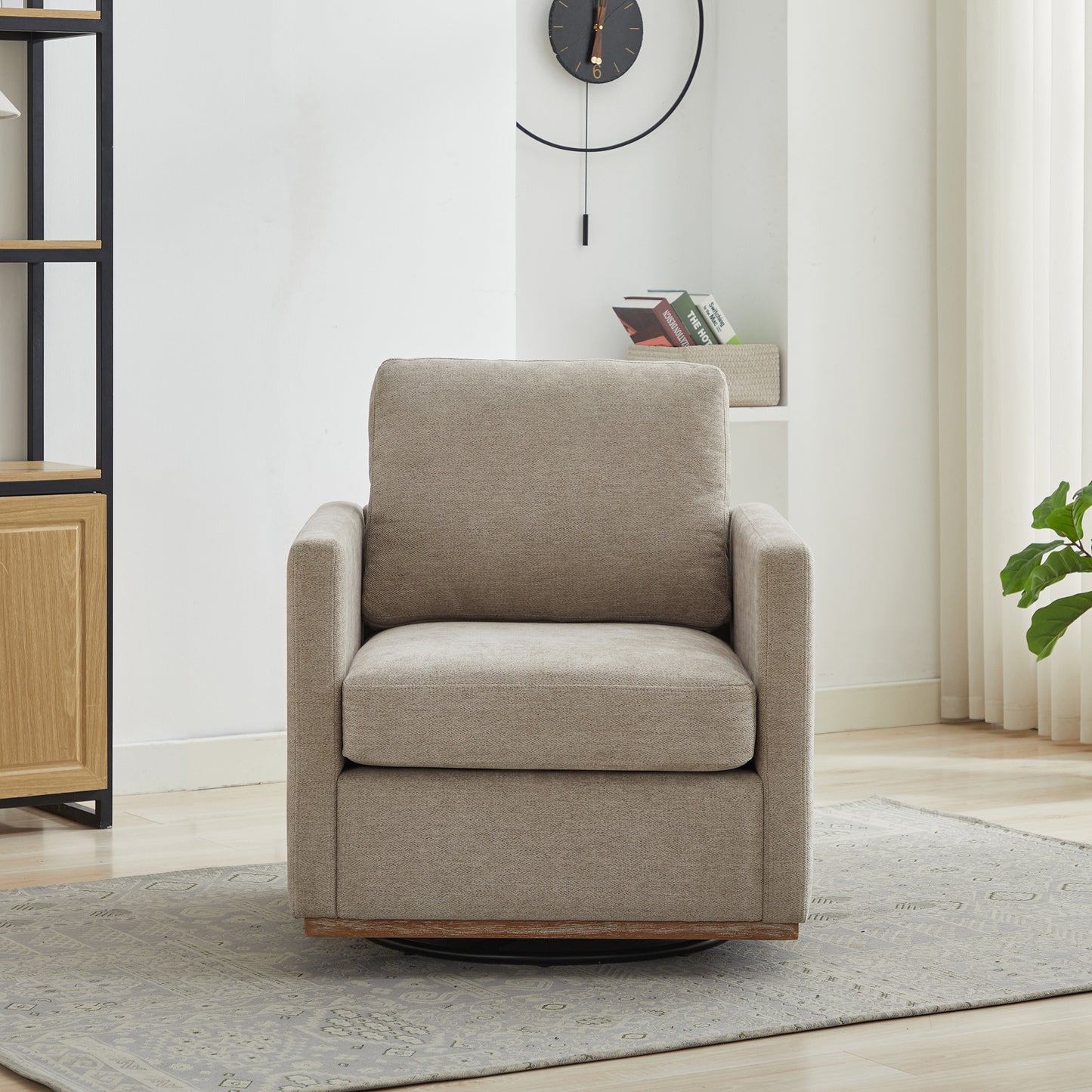 30.7"W Square Upholstered 360° Swivel Accent Chair and Comfy Single Sofa Chair with a Weathered Finished Wooden Base, Club Lounge Reading Armchair for Living Room Bedroom Apartment Nursery. Taupe image 2