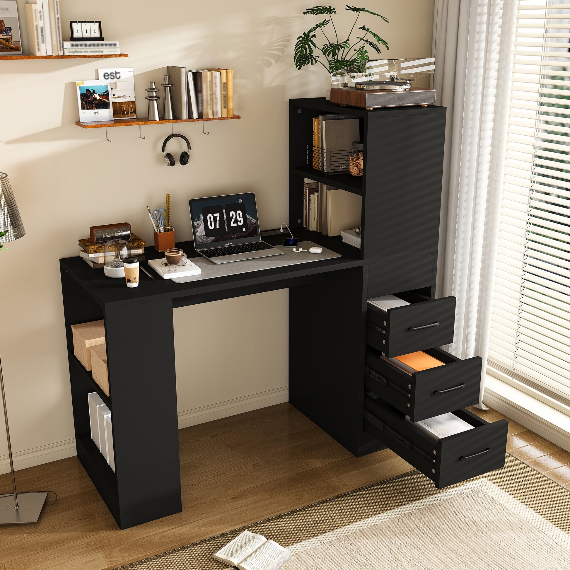Black Computer Desk with 4-in-1 Socket, the Desk with 3 Slide Drawers and 4 Storage Levels, the Wooden Desk is Suitable for a Variety of Places image 1