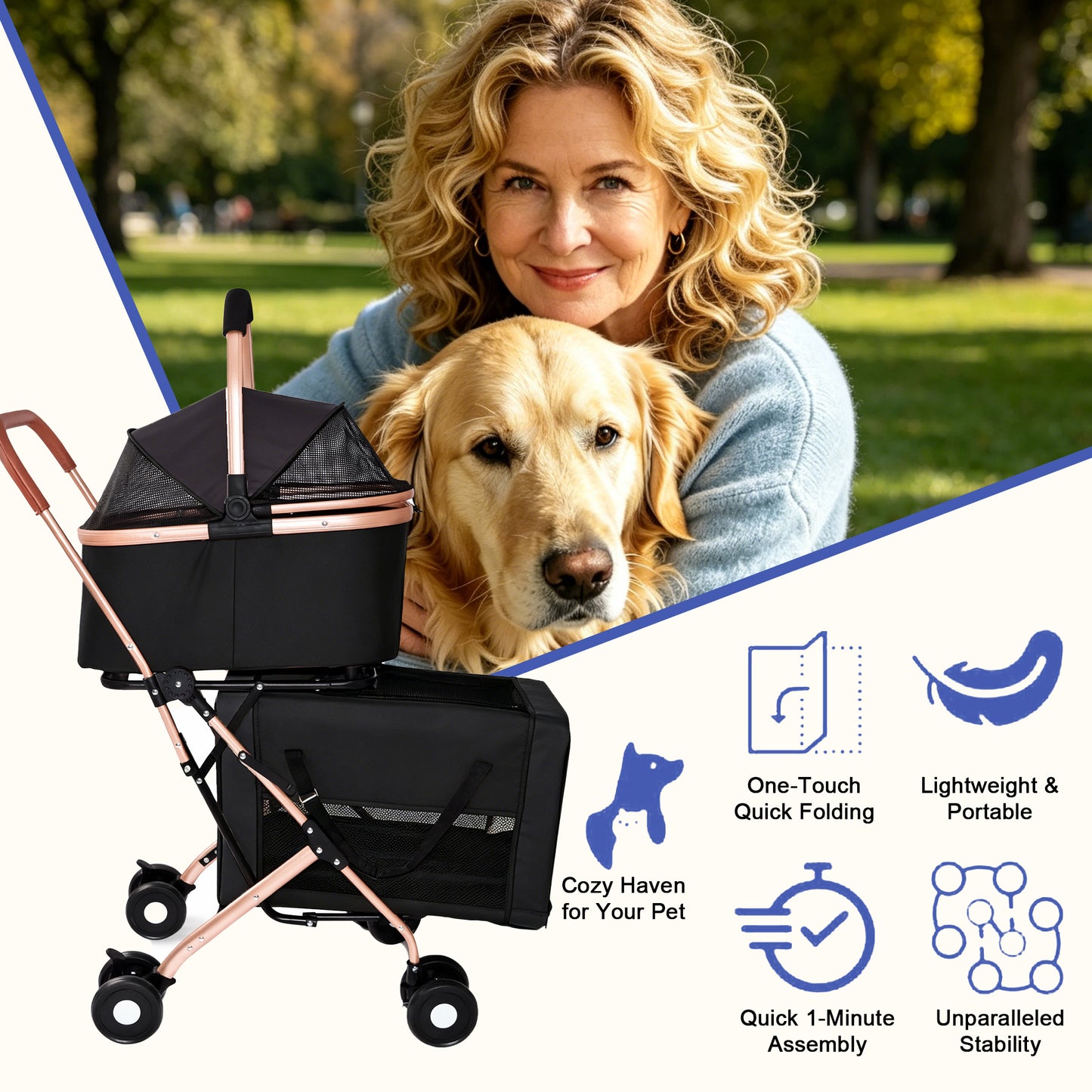 Double Pet Stroller for Dogs and Cats, Foldable Frame, 3-in-1 Convertible Carrier/Tote, Shockproof Wheels, Brake System, Fixed Safety Leashes for Small/Medium Pets in Multi-Pet Homes(Black) image 7