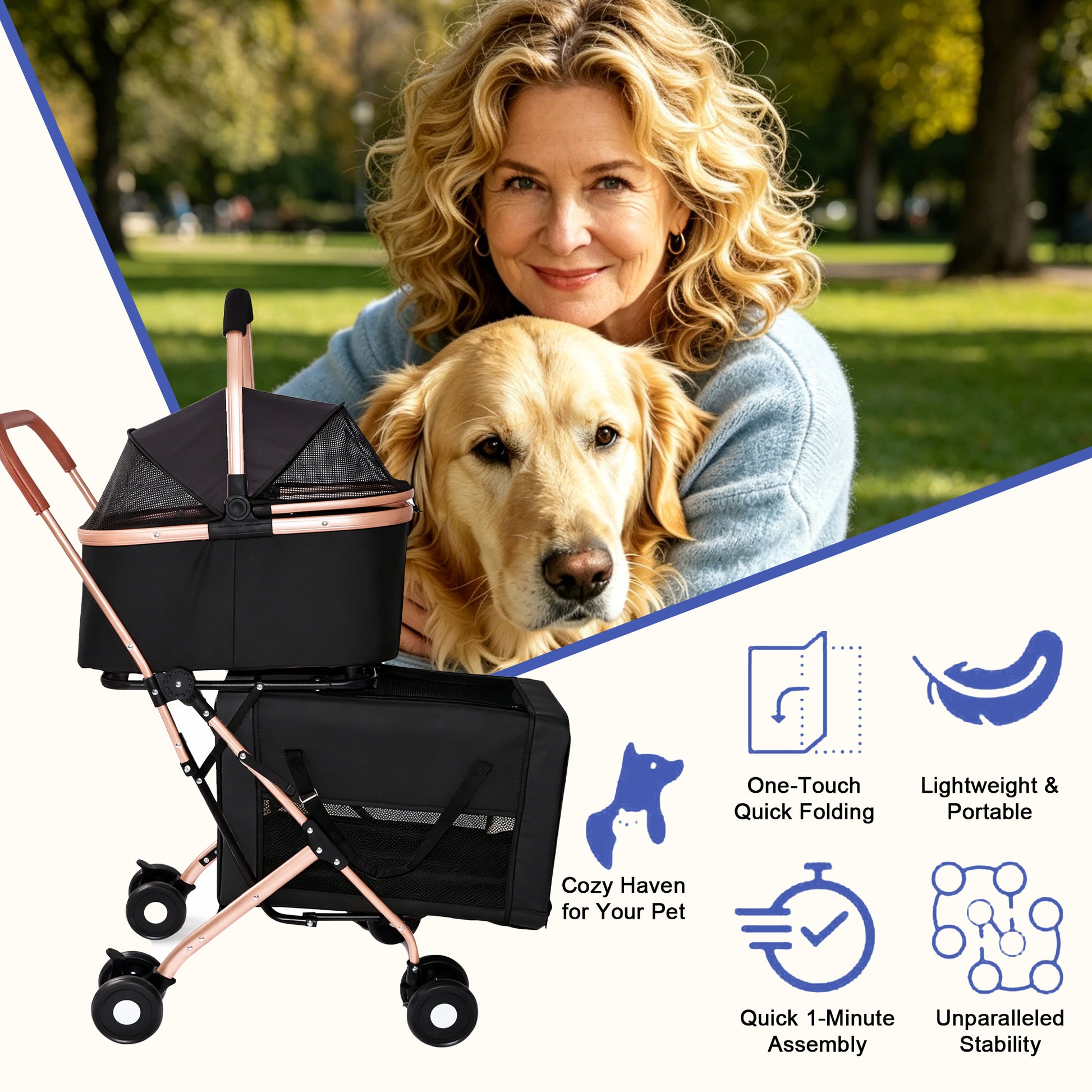 Double Pet Stroller for Dogs and Cats, Foldable Frame, 3-in-1 Convertible Carrier/Tote, Shockproof Wheels, Brake System, Fixed Safety Leashes for Small/Medium Pets in Multi-Pet Homes(Black) image 7