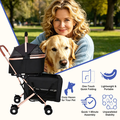 Double Pet Stroller for Dogs and Cats, Foldable Frame, 3-in-1 Convertible Carrier/Tote, Shockproof Wheels, Brake System, Fixed Safety Leashes for Small/Medium Pets in Multi-Pet Homes(Black) image 7
