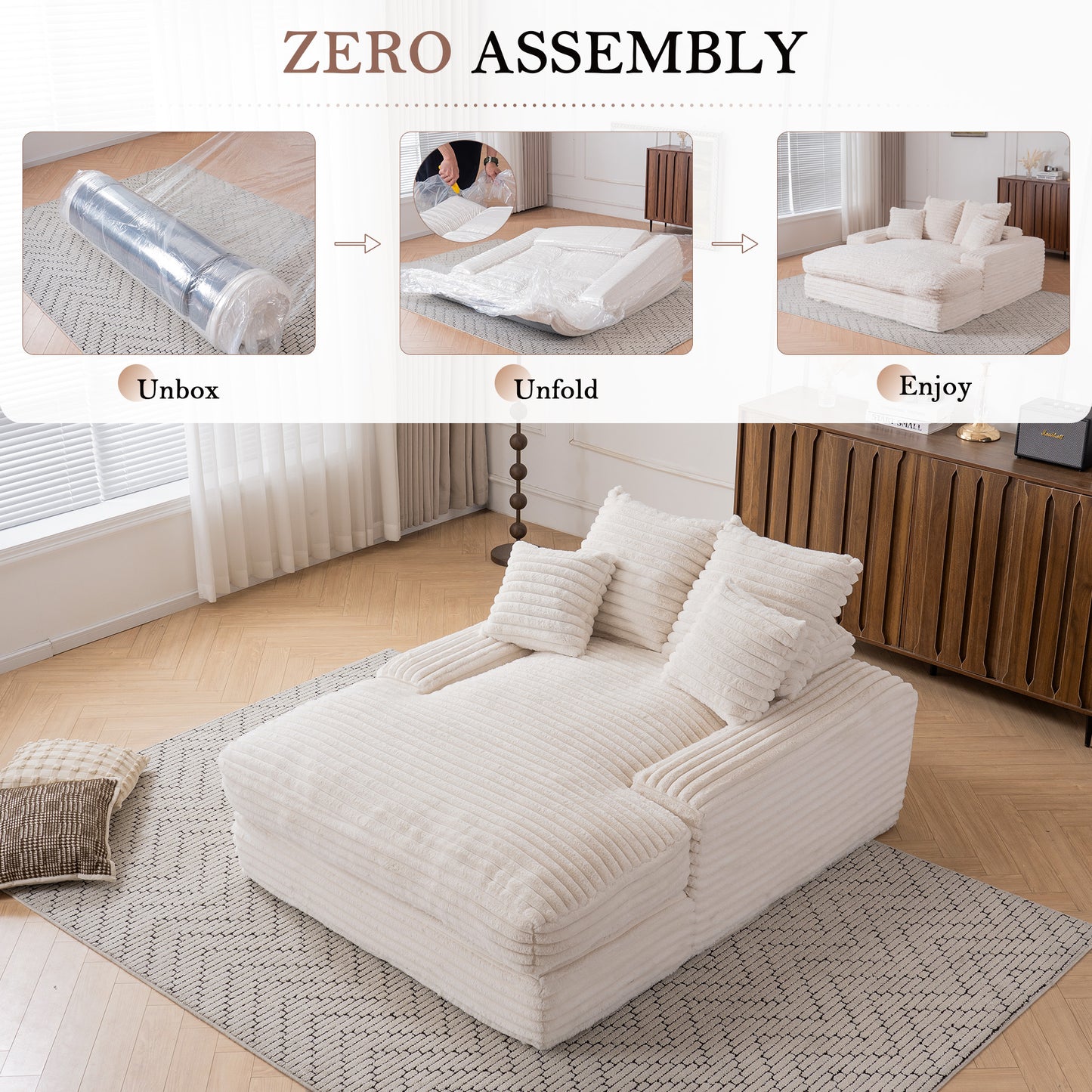 012-Luxury Corduroy Convertible Chaise Lounge with 4 Pillows, Ultra-Soft Sofa Bed No Assembly Required, Instant Setup Lounge Chair Bed for Living Room, Apartment & Small Spaces, Beige image 3