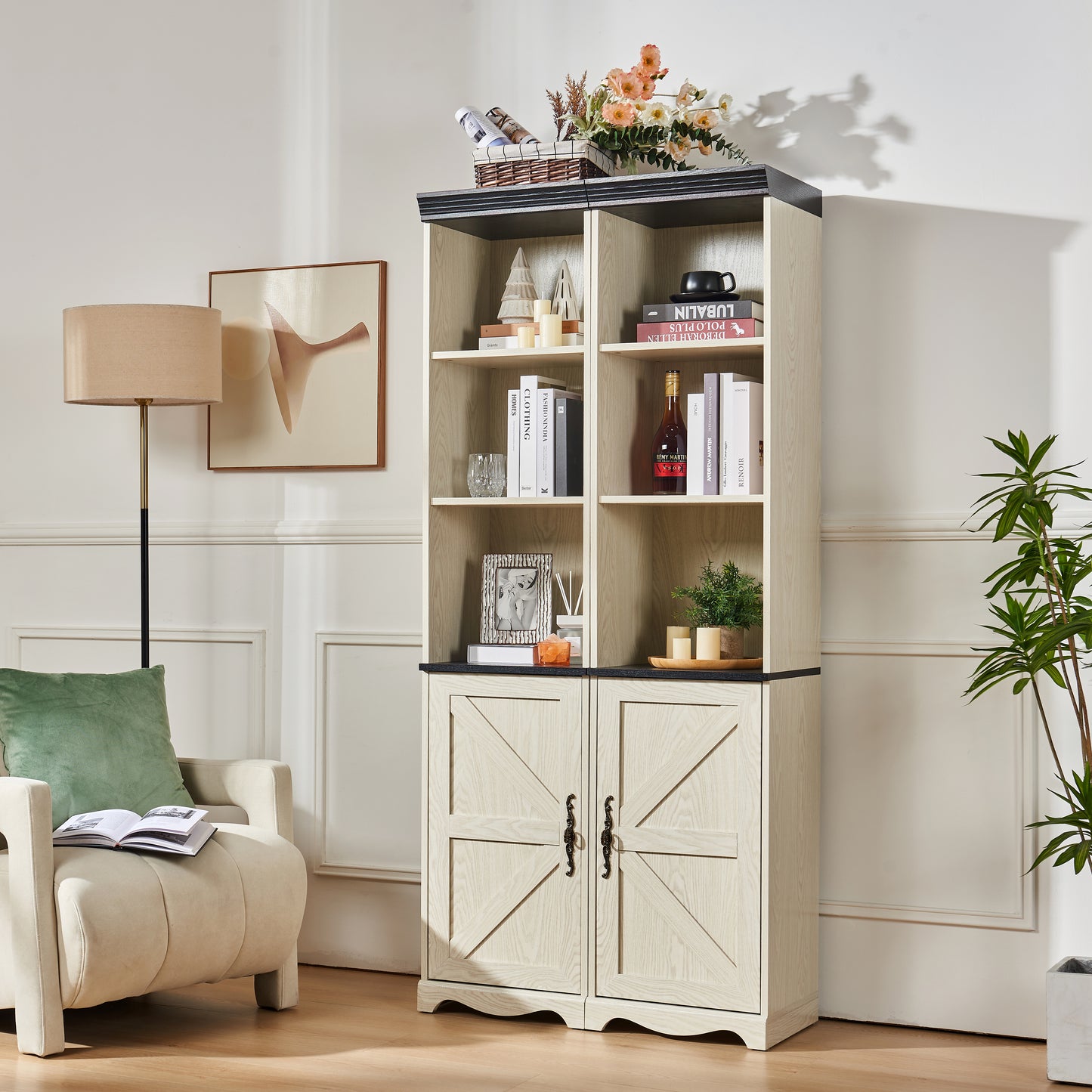 Farmhouse Tall Storage Cabinet with Adjustable Shelves, 3D Wood Grain Finish MDF Bookcase, Open Display Cubbies & Closed Barn Door Storage, Freely Combinable Bookshelf for Bedroom Living Room Office image 2