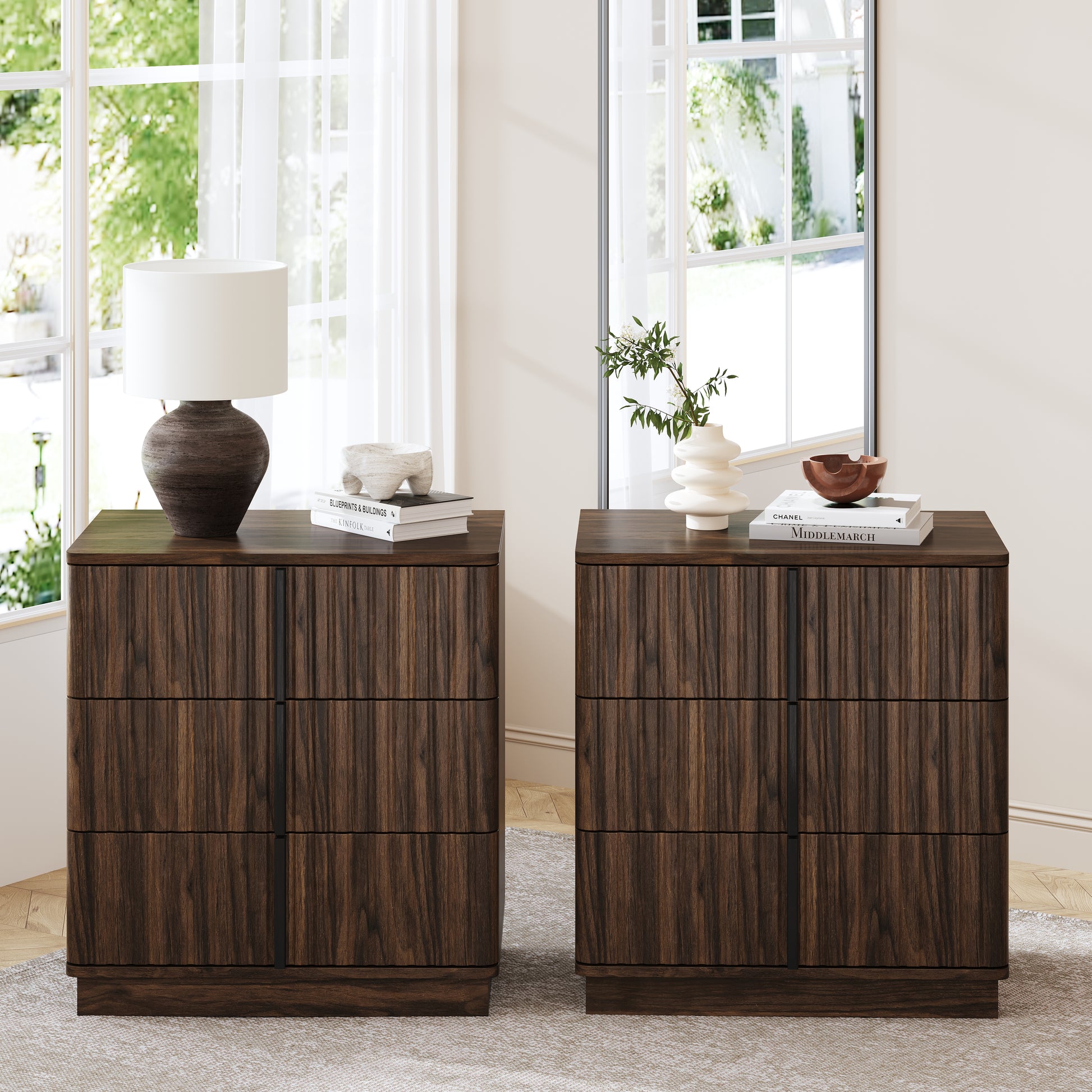 25.39"Vertical Stripe Vintage 3 Drawer Nightstand Cost-Effective Retro Cabinet Furniture Modern Coffee Table,Suitable for Bedroom,Living Room and Home Office,Walnut(Set of 2) image 1