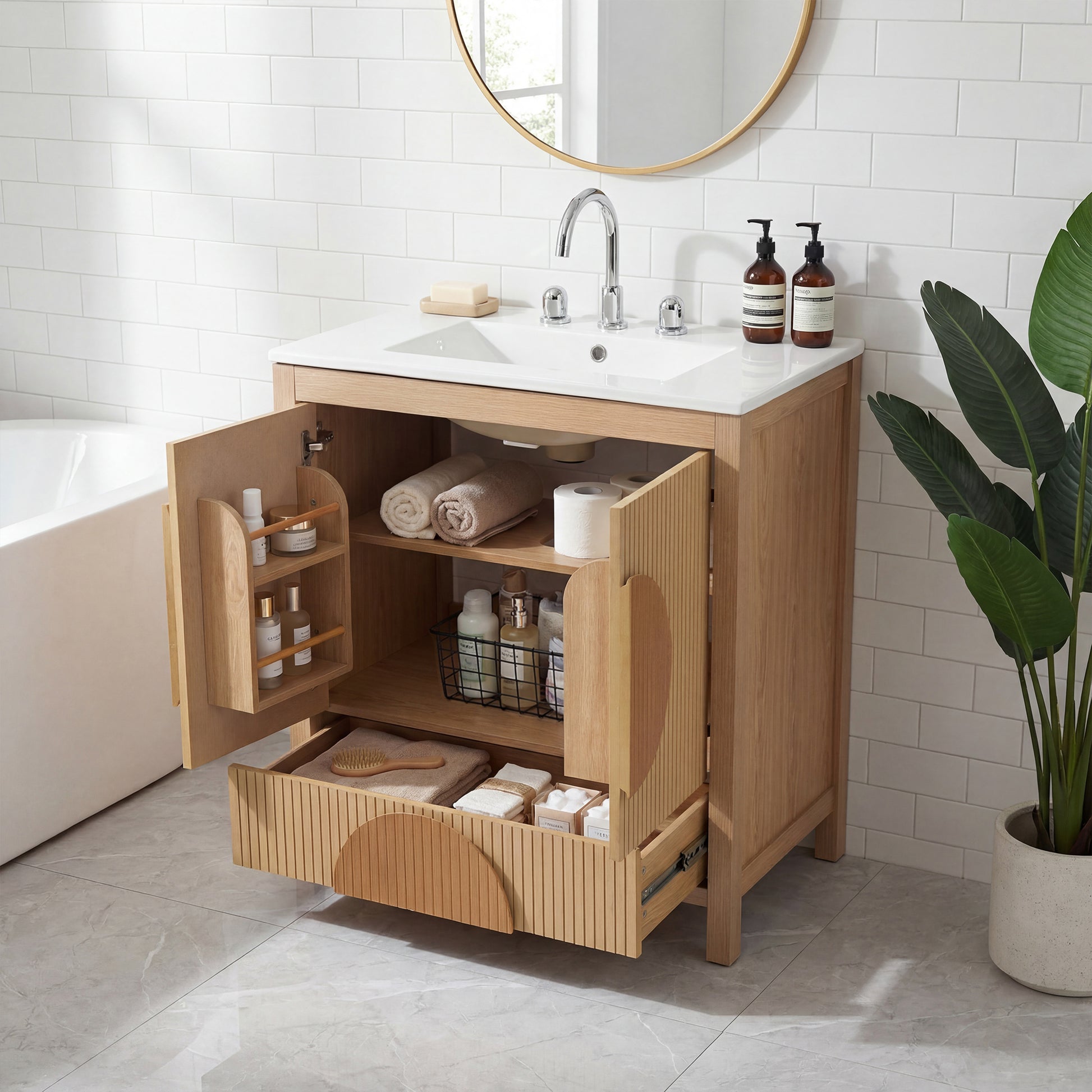 30 Inch Fluted Bathroom Vanity with Sink - Freestanding Modern Wood Cabinet with Soft-Close Doors, 1 Drawer & Open Storage, Decorative Circular Accent, Solid Wood & MDF Build, image 4