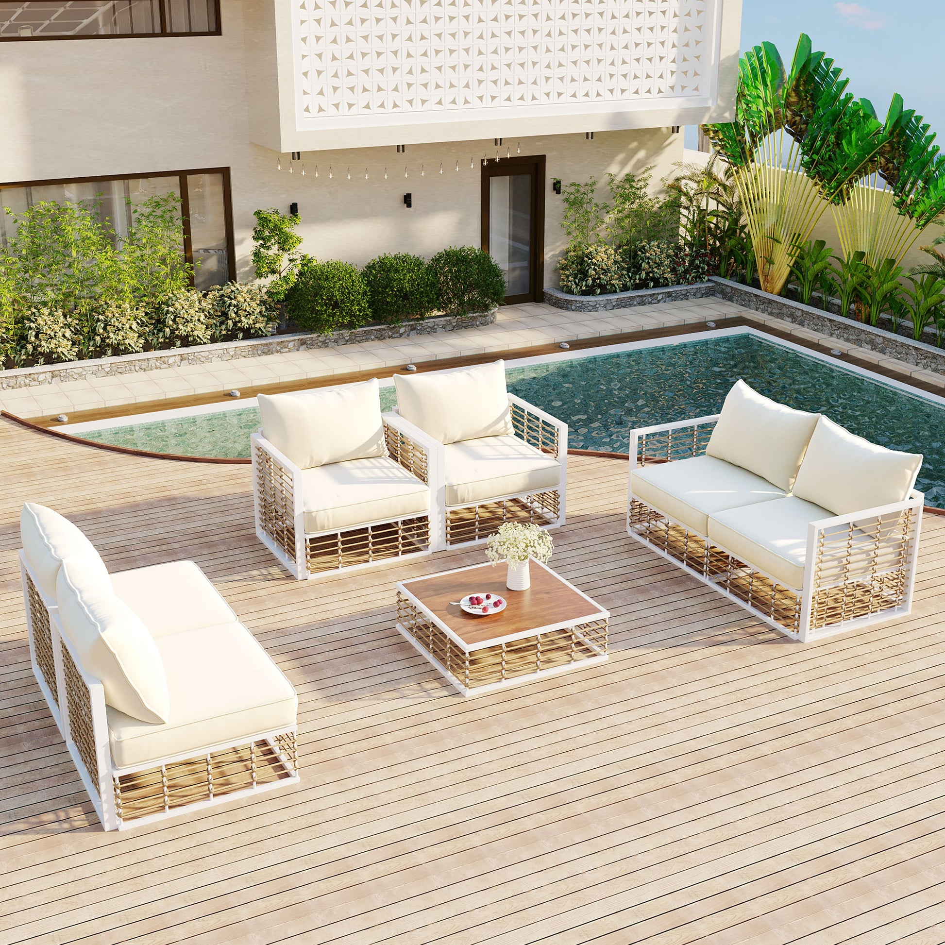 TOPMAX Modern Minimalist 7-Piece Metal Patio Sectional Sofa Set, All-Weather Garden Conversational Furniture Set with Thick Cushions and Coffee Table for Indoor Outdoor, White image 11