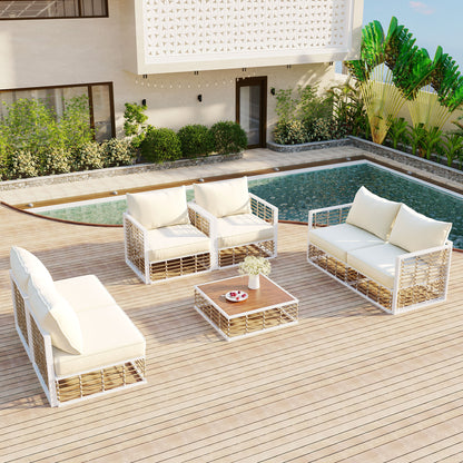 TOPMAX Modern Minimalist 7-Piece Metal Patio Sectional Sofa Set, All-Weather Garden Conversational Furniture Set with Thick Cushions and Coffee Table for Indoor Outdoor, White image 11
