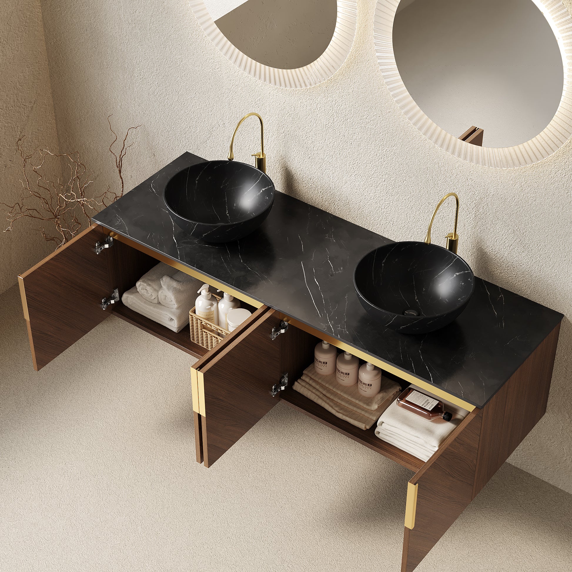 ARAI 60" Bathroom Vanity&Sinks, Floating Plywood Bathroom Storage Cabinet with 4 Doors, 2 Black Bowl Ceramic Basin with Stone Pattern&Black Sintered Stone Countertop, Brown Oak Woodgrain (New SKU) image 2