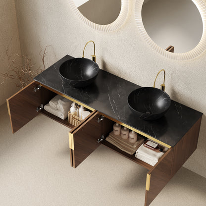 ARAI 60" Bathroom Vanity&Sinks, Floating Plywood Bathroom Storage Cabinet with 4 Doors, 2 Black Bowl Ceramic Basin with Stone Pattern&Black Sintered Stone Countertop, Brown Oak Woodgrain (New SKU) image 2