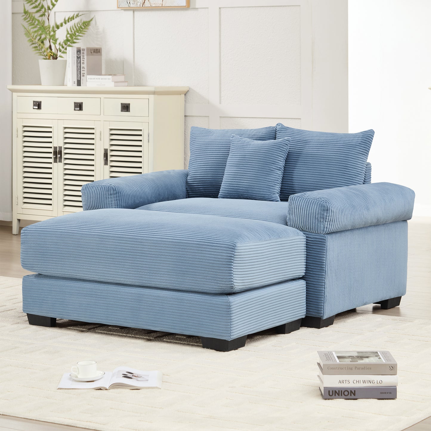 54.3" Oversized Cloud Modular Sectional Couch, Corduroy Fabric Extra-Thick Armrests,Throw Pillows Ottoman, Ergonomic Design,Easy Assembly Fits Living Rooms Bedrooms,Blue image 4