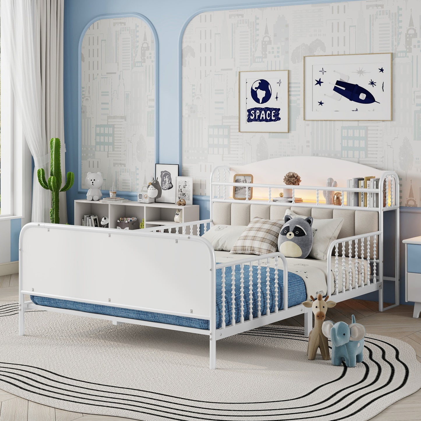 Full Size Metal Platform Bed Frame with Light, Kids Full Metal Bed with Upholstered and Storage Headboard, White (Expect Arrival Date 2025/10/5) image 1