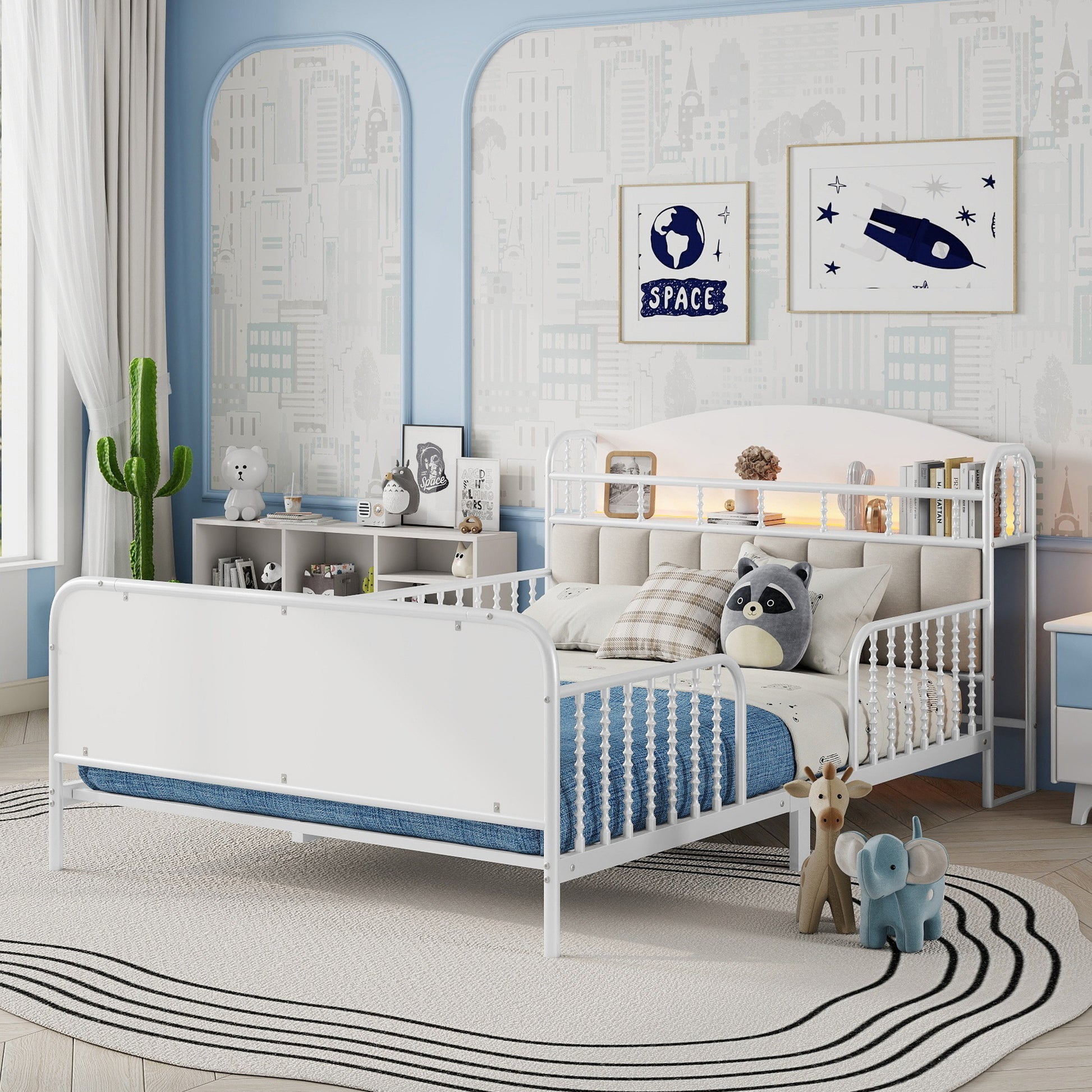 Full Size Metal Platform Bed Frame with Light, Kids Full Metal Bed with Upholstered and Storage Headboard, White (Expect Arrival Date 2025/10/5) image 1