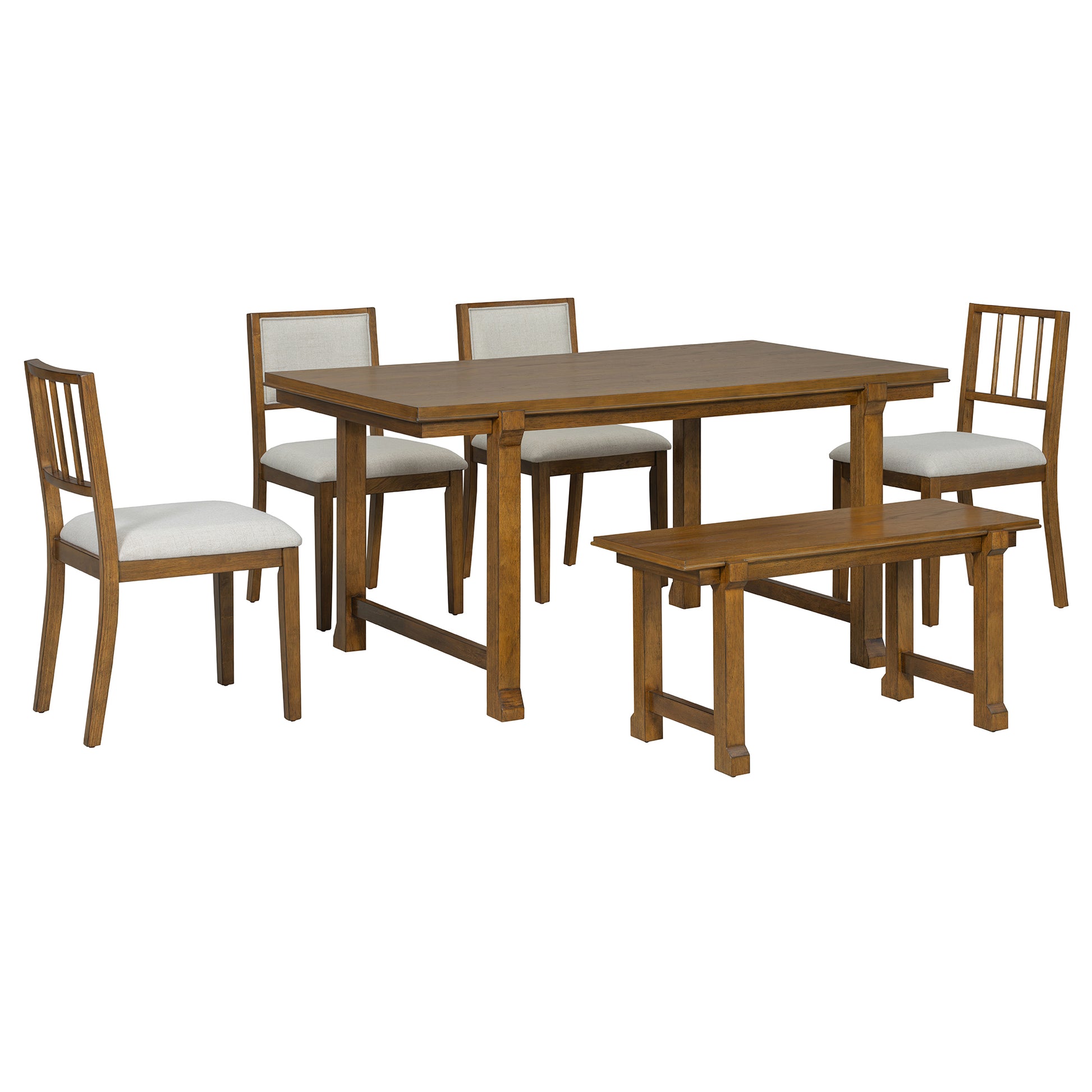 TREXM 6-Piece Farmhouse Dining Set for 6, Kitchen & Dining Room Sets with Solid Wood Legs and Frame, Ergonomic Dual-Style Chairs, Ideal for Kitchen & Dining Room (Walnut+ Beige) image 9
