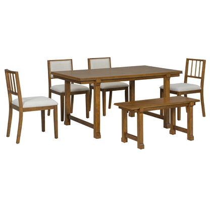 TREXM 6-Piece Farmhouse Dining Set for 6, Kitchen & Dining Room Sets with Solid Wood Legs and Frame, Ergonomic Dual-Style Chairs, Ideal for Kitchen & Dining Room (Walnut+ Beige) image 9