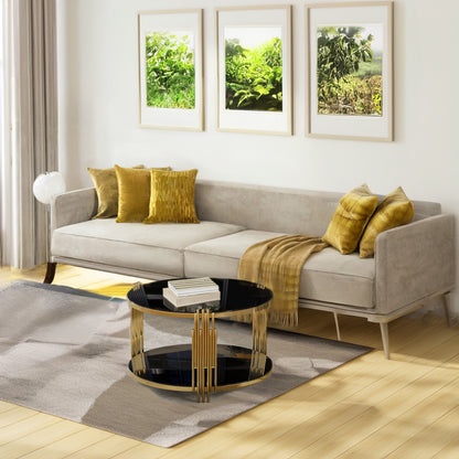 Modern Black Mirror Coffee Table, Asymmetrical Metal, Circular Metal Drum Base, Gold Finish & Lower Shelf image 10