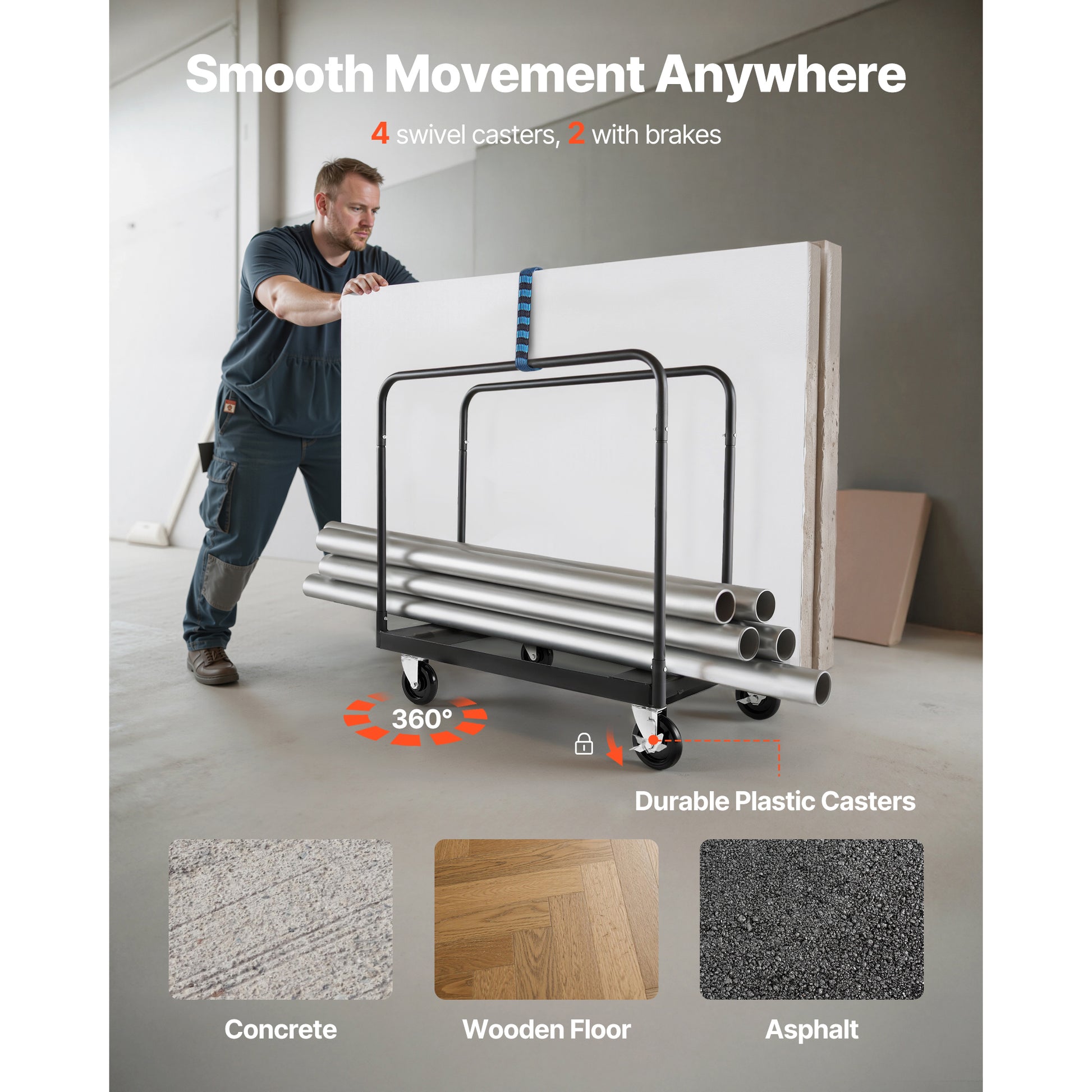 Drywall Cart Dolly, 1800 lbs Load Capacity, Steel Panel Truck Cart with 5 inch Swivel Casters, Lumber Drywall Dolly with with Tie-Down Strap & 3 Side Handrails for Factory, Warehouse, Garage, Black image 6