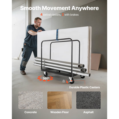 Drywall Cart Dolly, 1800 lbs Load Capacity, Steel Panel Truck Cart with 5 inch Swivel Casters, Lumber Drywall Dolly with with Tie-Down Strap & 3 Side Handrails for Factory, Warehouse, Garage, Black image 6